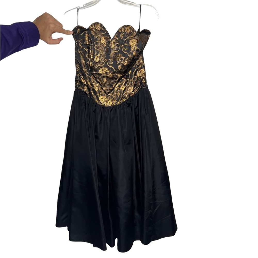 Gunne Sax Black and Gold Strapless Dress